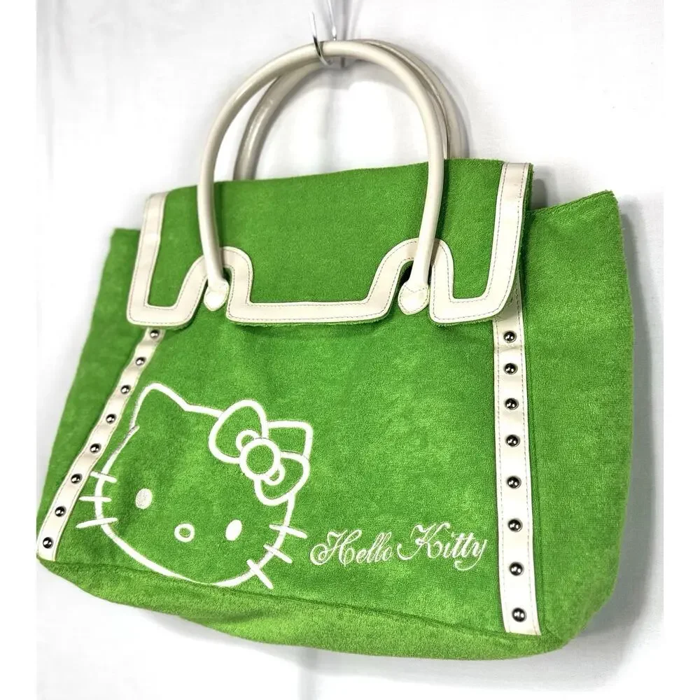 Sanrio Hello Kitty Green/White Tote Snap Closure Inner Pockets Studded Silver